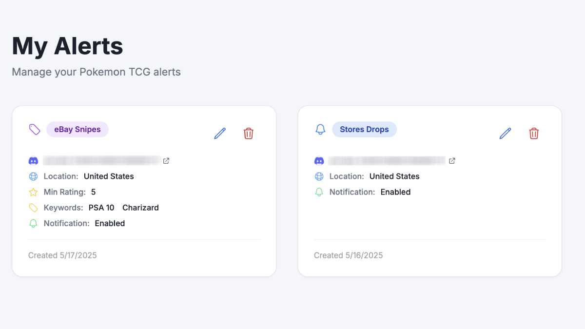 Alertify screenshot example with 2 alerts, one for a single card and one for a sealed product.